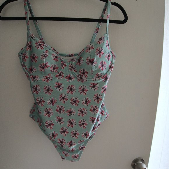 One Piece Mint Green Swimsuit with Pink Flowers - Picture 1 of 2